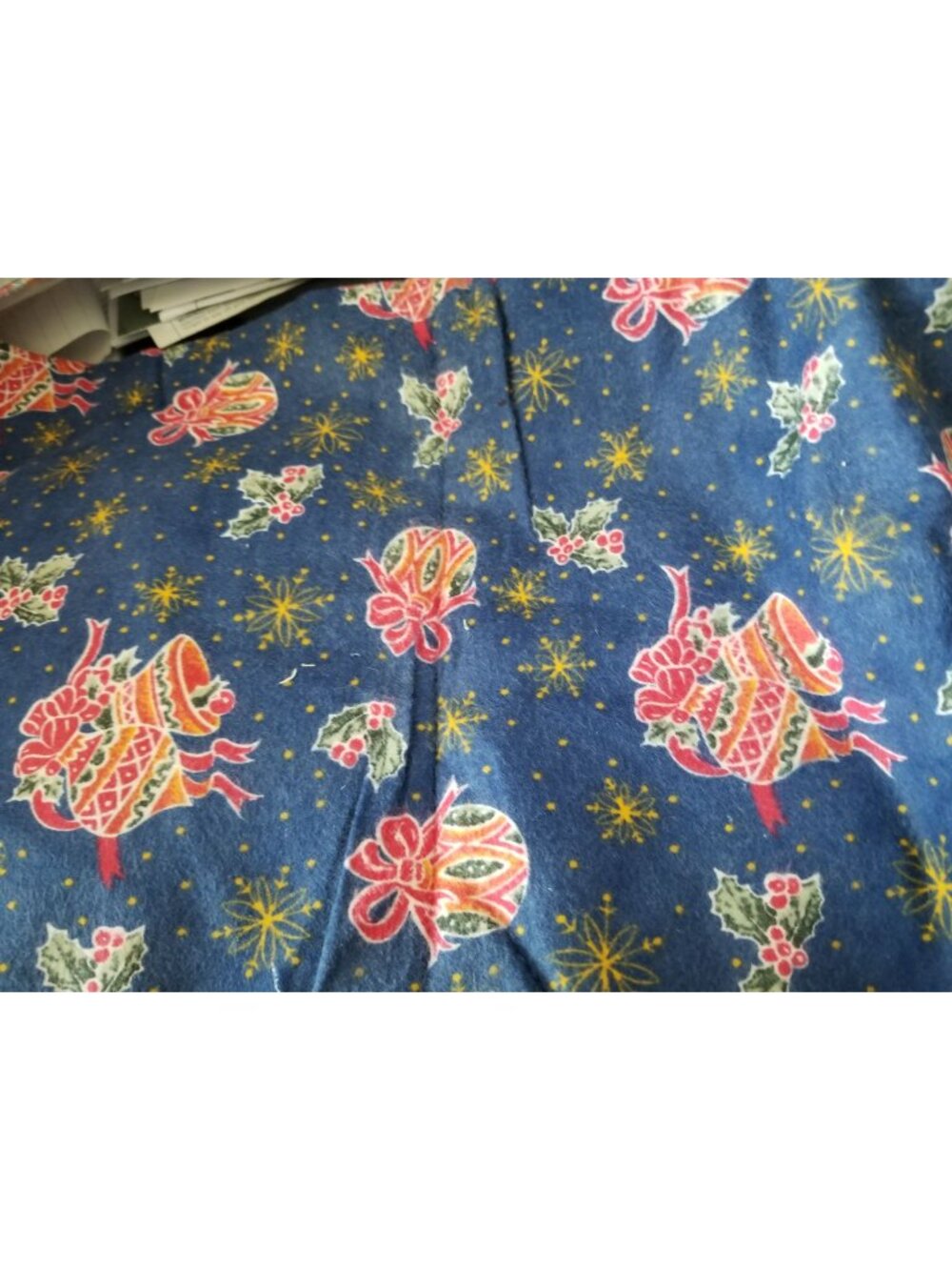 Material Blue Flannel Christmas Ornaments Bells Holly 36 " x 42"